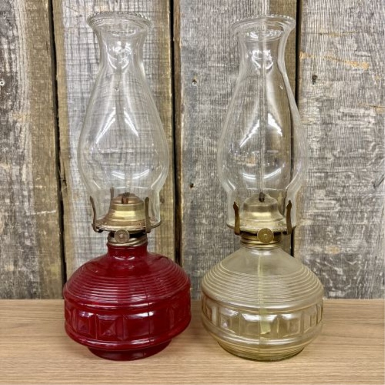 A Pair of Vintage Miniature Oil Lamps in the Style of Anchor Hocking Wexford