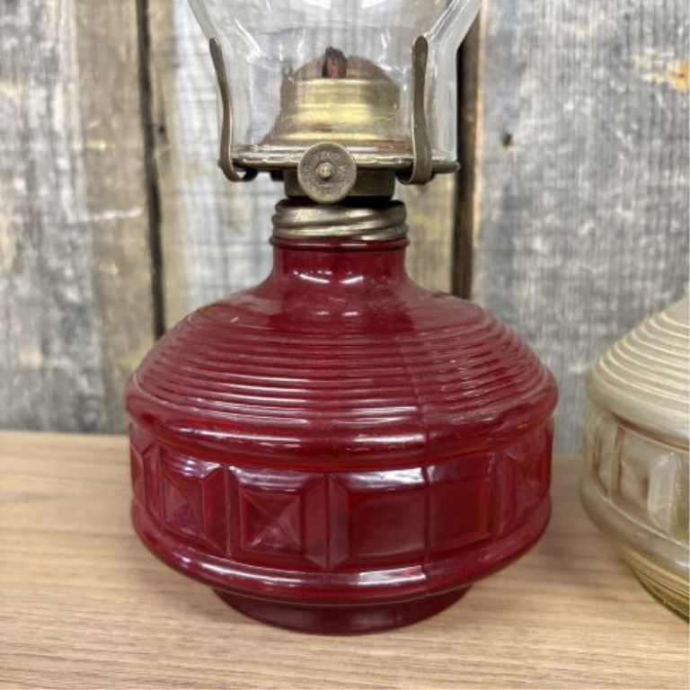 A Pair of Vintage Miniature Oil Lamps in the Style of Anchor Hocking Wexford