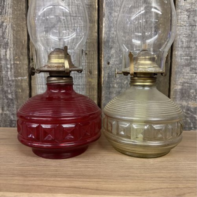 A Pair of Vintage Miniature Oil Lamps in the Style of Anchor Hocking Wexford