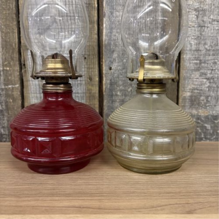 A Pair of Vintage Miniature Oil Lamps in the Style of Anchor Hocking Wexford
