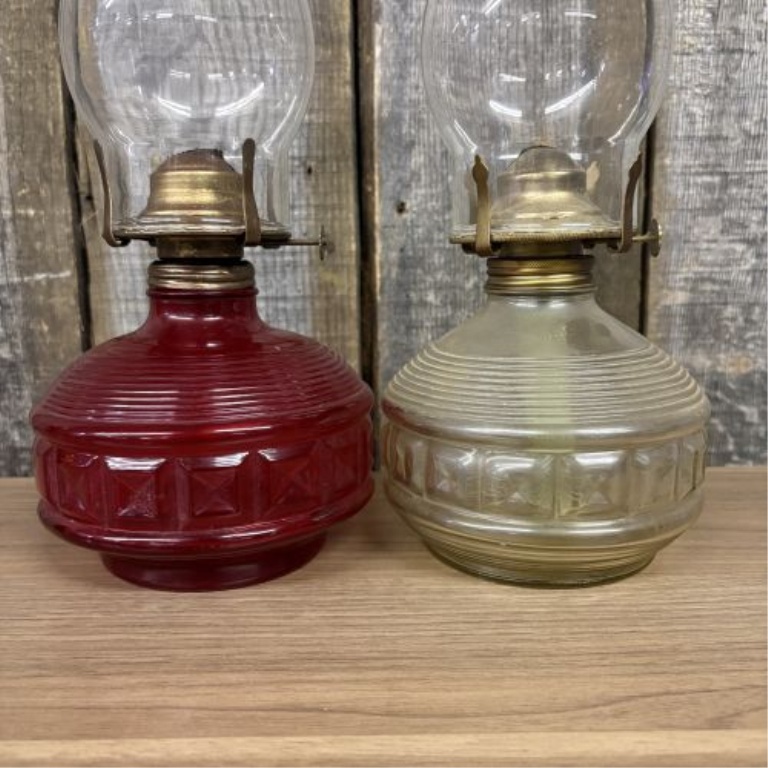 A Pair of Vintage Miniature Oil Lamps in the Style of Anchor Hocking Wexford