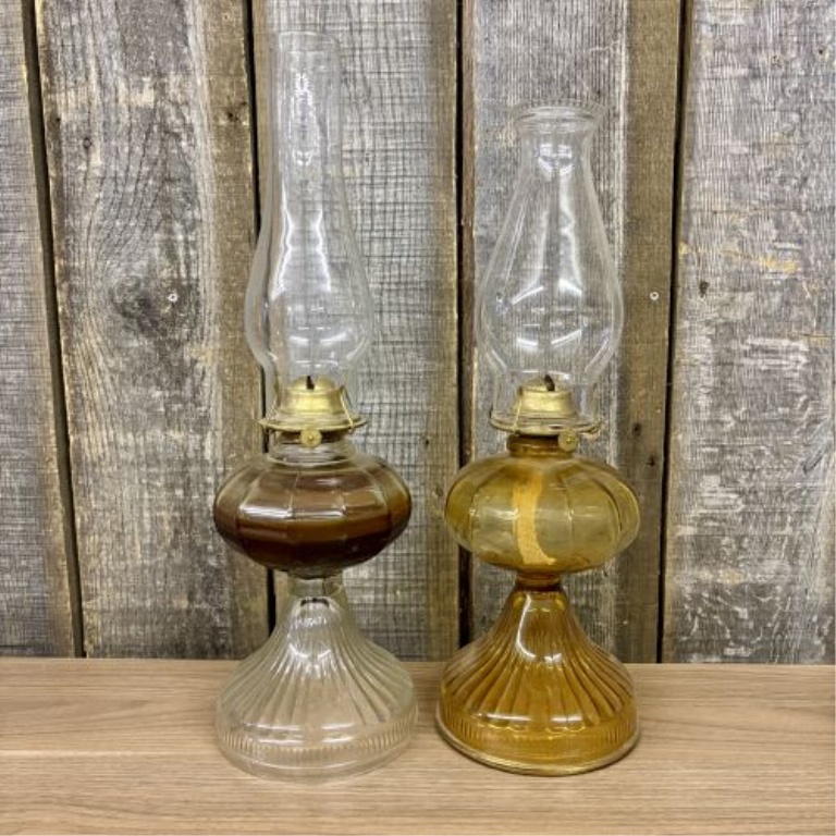 A Pair of Plume and Atwood Glass Kerosene Lamps with Dorset Burners