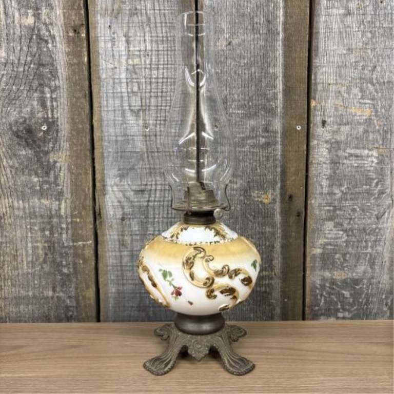 Victorian Style Hand Painted Ceramic and Cast Metal Oil Lamp with Glass Chimney