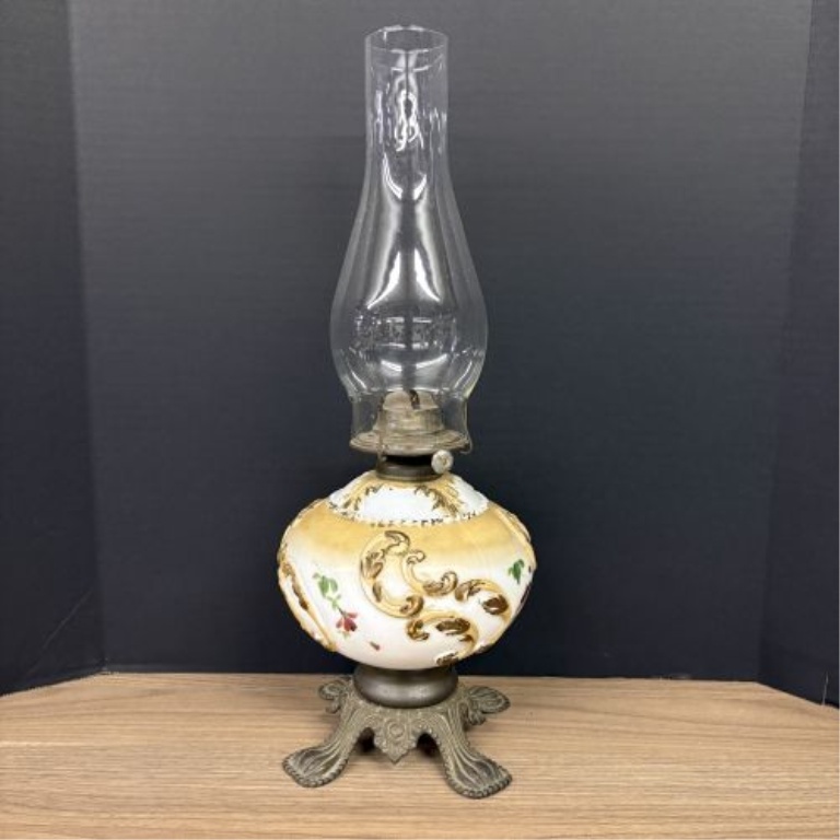 Victorian Style Hand Painted Ceramic and Cast Metal Oil Lamp with Glass Chimney