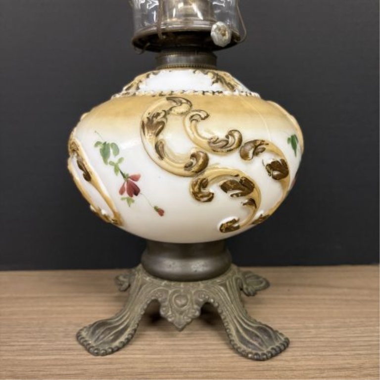 Victorian Style Hand Painted Ceramic and Cast Metal Oil Lamp with Glass Chimney