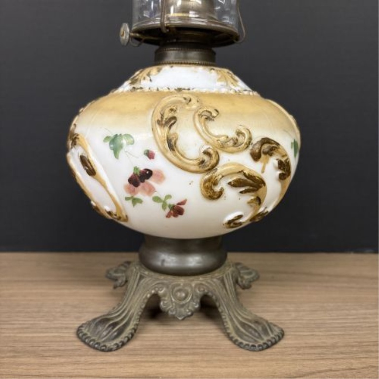 Victorian Style Hand Painted Ceramic and Cast Metal Oil Lamp with Glass Chimney
