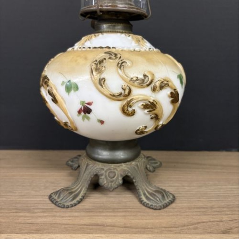 Victorian Style Hand Painted Ceramic and Cast Metal Oil Lamp with Glass Chimney