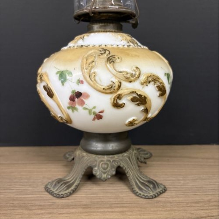 Victorian Style Hand Painted Ceramic and Cast Metal Oil Lamp with Glass Chimney