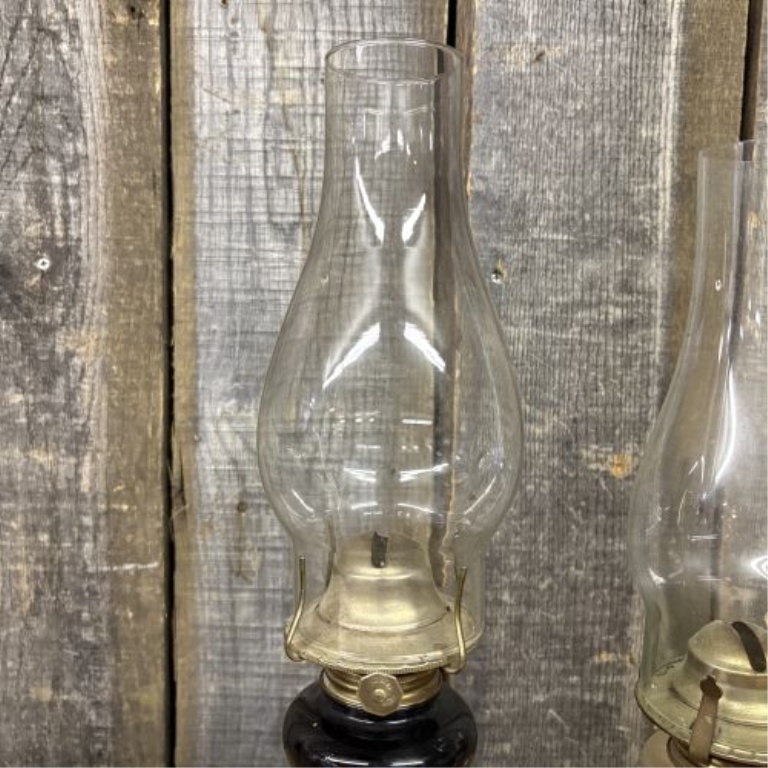 A Pair of Vintage Miniature Hurricane Oil Lamps with Black Floral and Christmas Gnome Bases