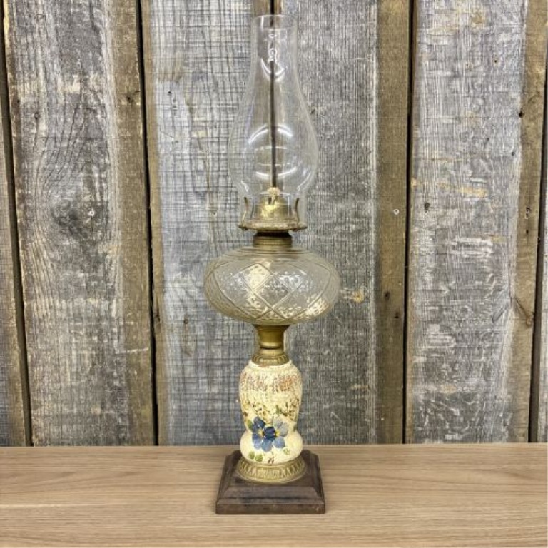 Plume and Atwood Victorian Hand Painted Ceramic and Glass Oil Lamp