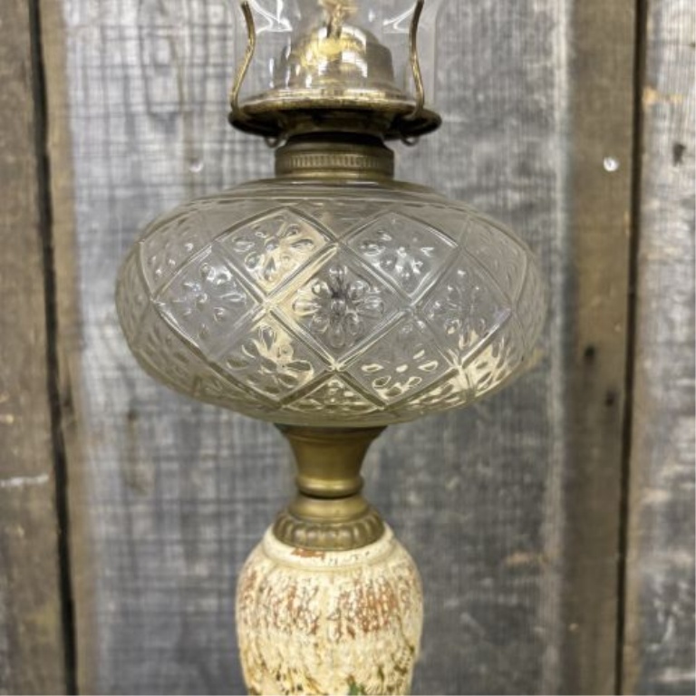 Plume and Atwood Victorian Hand Painted Ceramic and Glass Oil Lamp