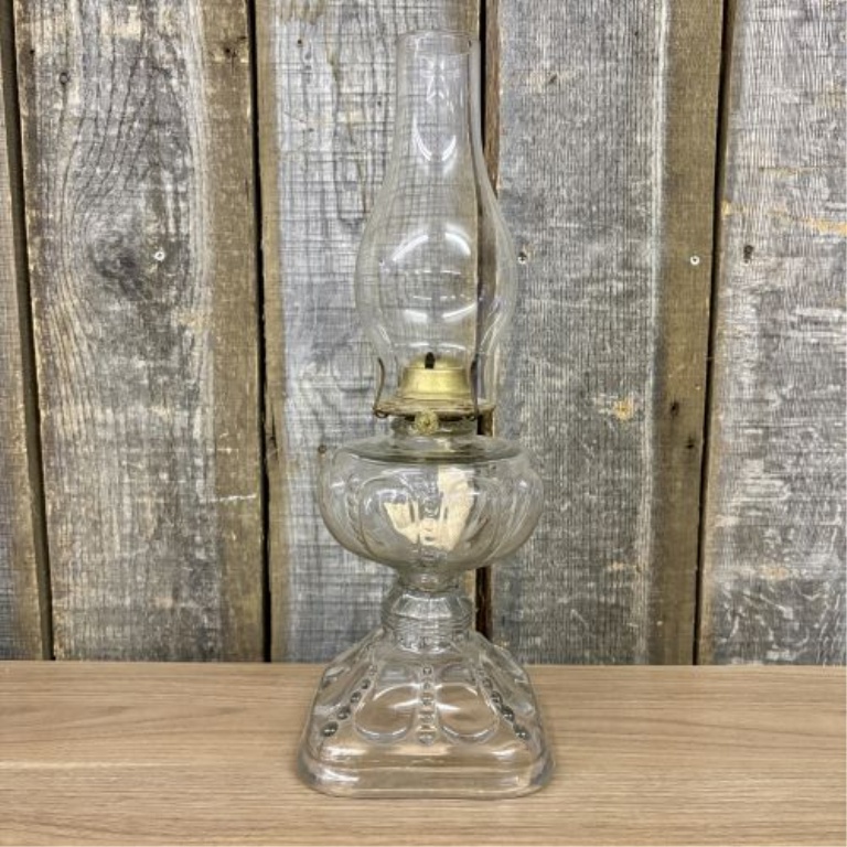 Antique Clear Pressed Glass Kerosene Lamp with Plume and Atwood Brass Burner