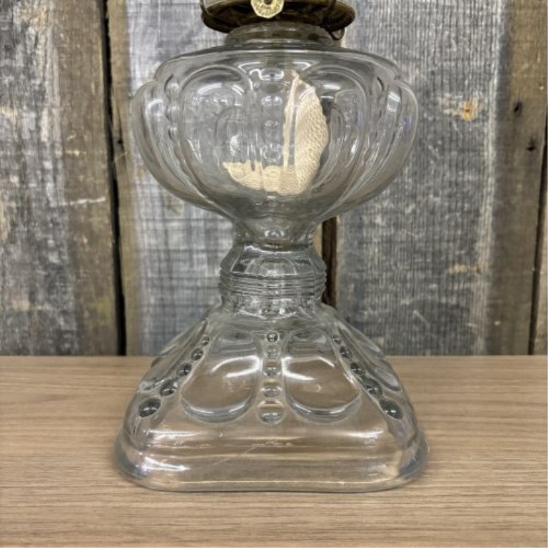 Antique Clear Pressed Glass Kerosene Lamp with Plume and Atwood Brass Burner