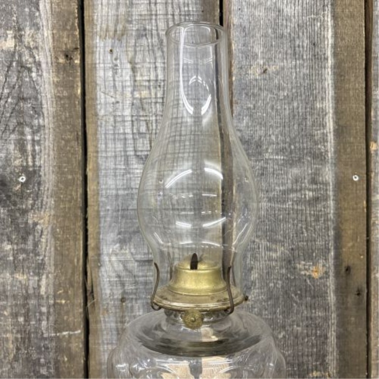Antique Clear Pressed Glass Kerosene Lamp with Plume and Atwood Brass Burner