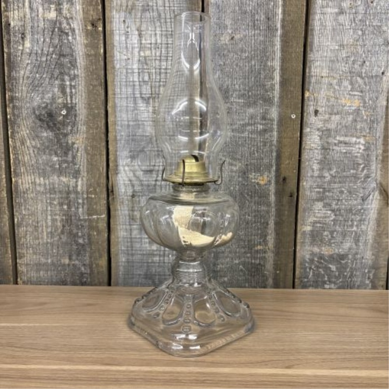 Antique Clear Pressed Glass Kerosene Lamp with Plume and Atwood Brass Burner