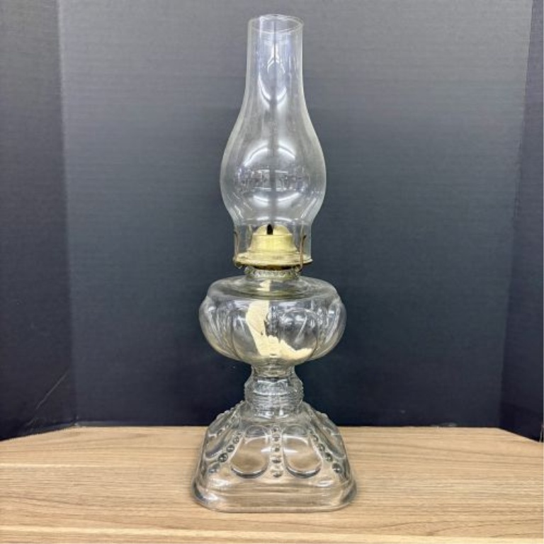 Antique Clear Pressed Glass Kerosene Lamp with Plume and Atwood Brass Burner