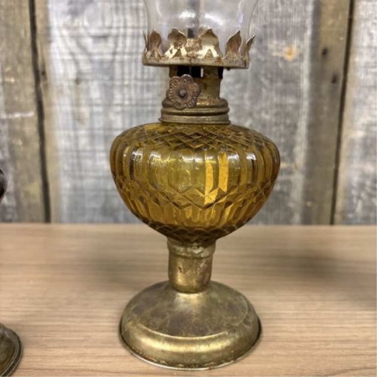 A Trio of Vintage Miniature Oil Lamps with Amber Glass and Metal Bases