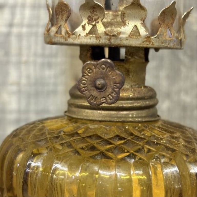 A Trio of Vintage Miniature Oil Lamps with Amber Glass and Metal Bases
