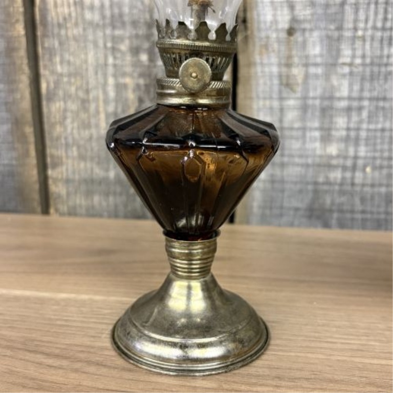 A Trio of Vintage Miniature Oil Lamps with Amber Glass and Metal Bases