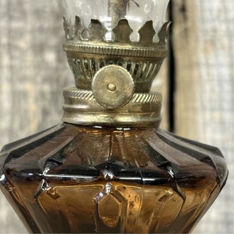A Trio of Vintage Miniature Oil Lamps with Amber Glass and Metal Bases