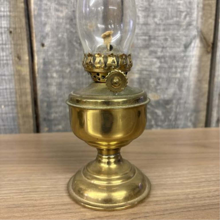 A Trio of Vintage Miniature Oil Lamps with Amber Glass and Metal Bases