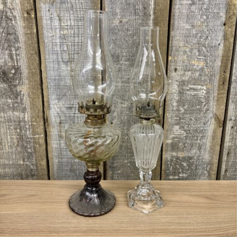 Two Vintage Glass Kerosene Lamps with Optic Swirl and Etched Motifs