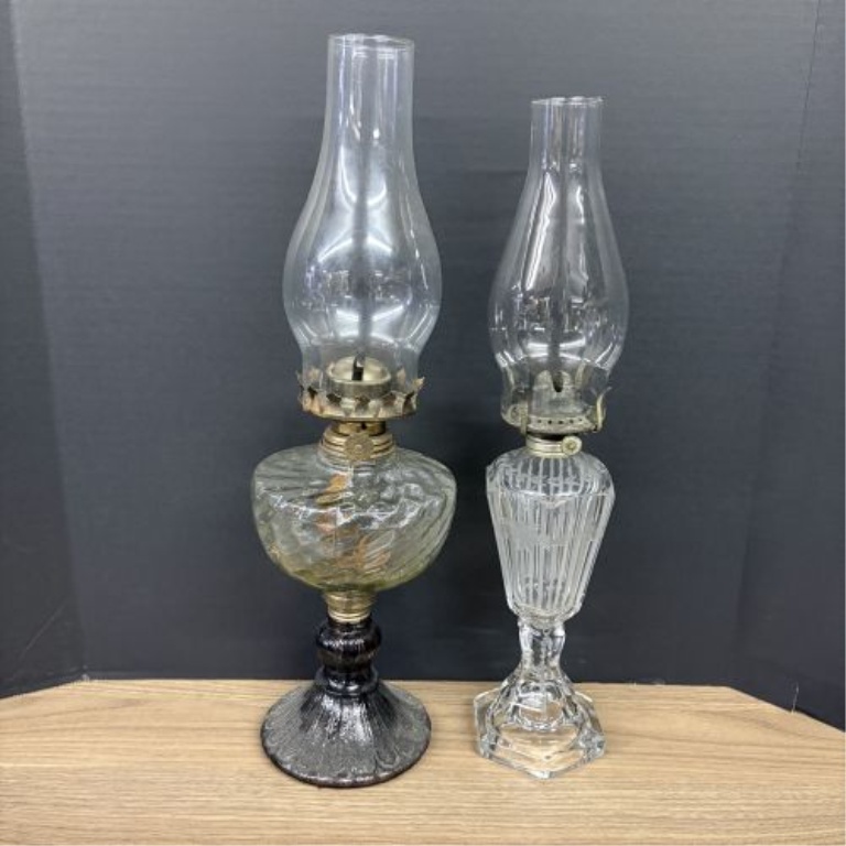 Two Vintage Glass Kerosene Lamps with Optic Swirl and Etched Motifs