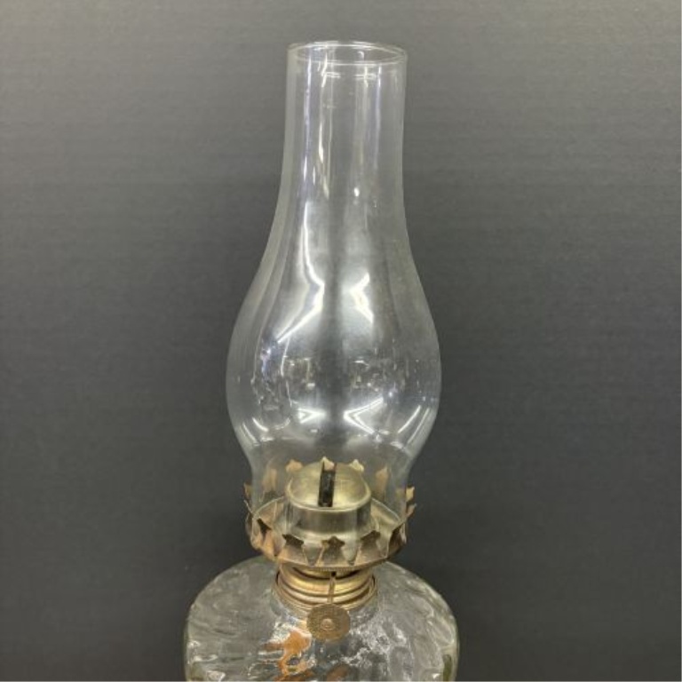 Two Vintage Glass Kerosene Lamps with Optic Swirl and Etched Motifs