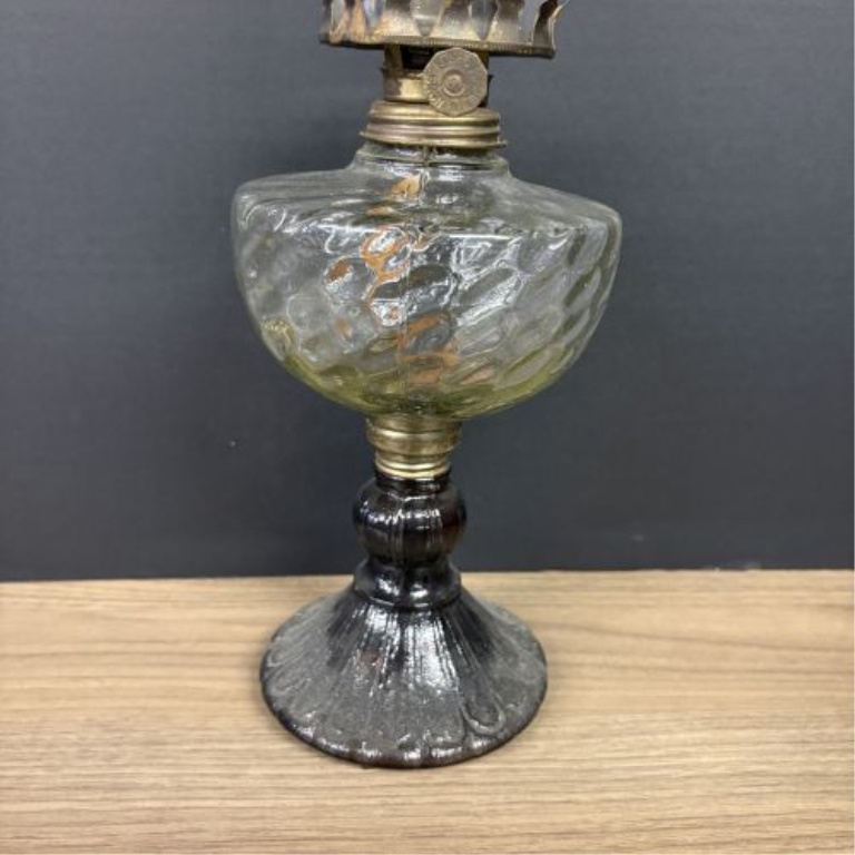 Two Vintage Glass Kerosene Lamps with Optic Swirl and Etched Motifs