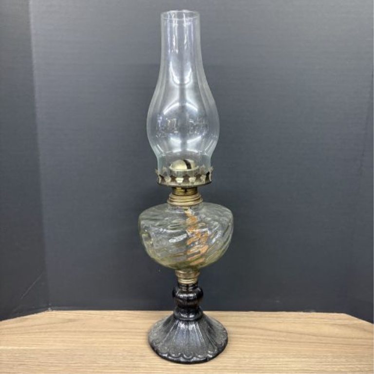 Two Vintage Glass Kerosene Lamps with Optic Swirl and Etched Motifs