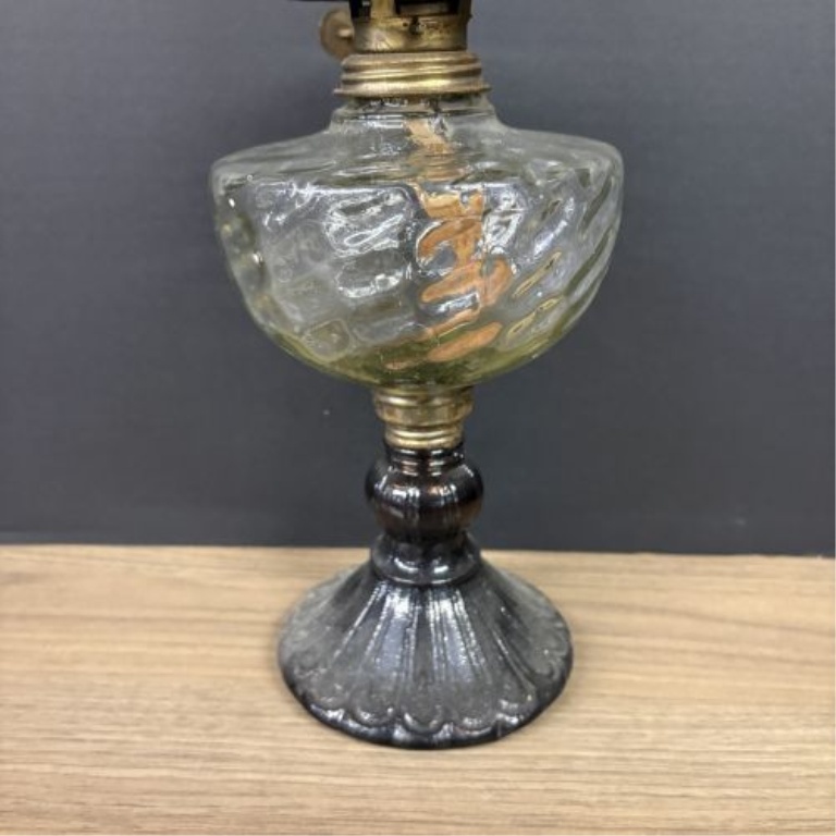 Two Vintage Glass Kerosene Lamps with Optic Swirl and Etched Motifs
