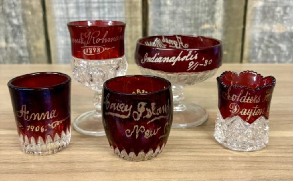 A Group of Five Antique American Ruby-Stained Souvenir Pressed Glass Items