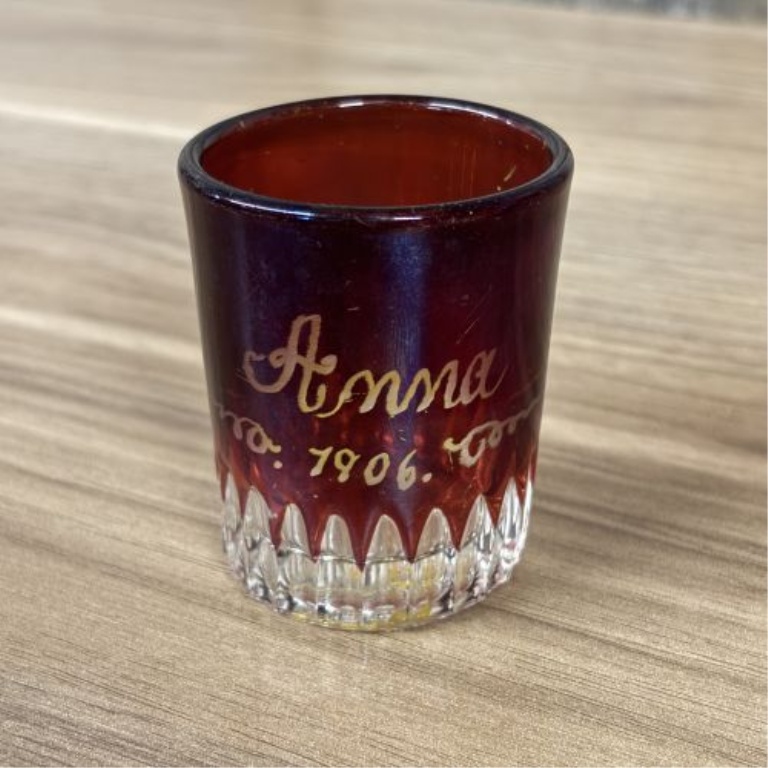 A Group of Five Antique American Ruby-Stained Souvenir Pressed Glass Items