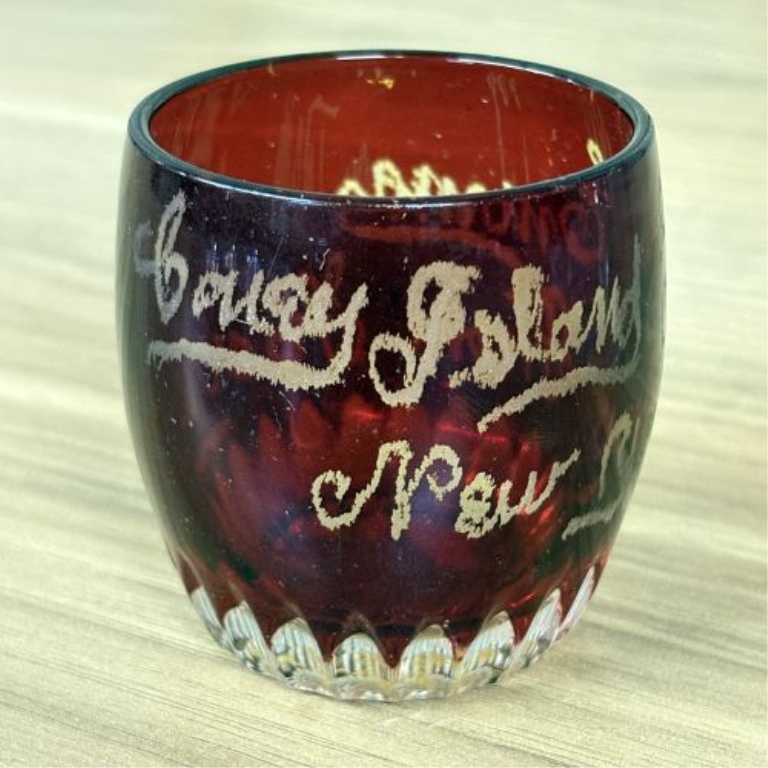 A Group of Five Antique American Ruby-Stained Souvenir Pressed Glass Items