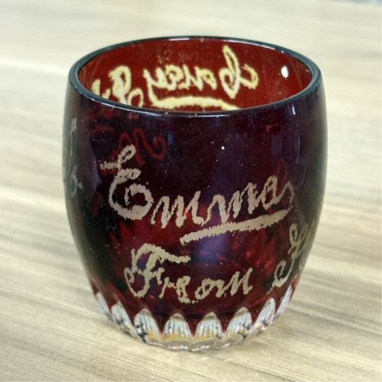 A Group of Five Antique American Ruby-Stained Souvenir Pressed Glass Items