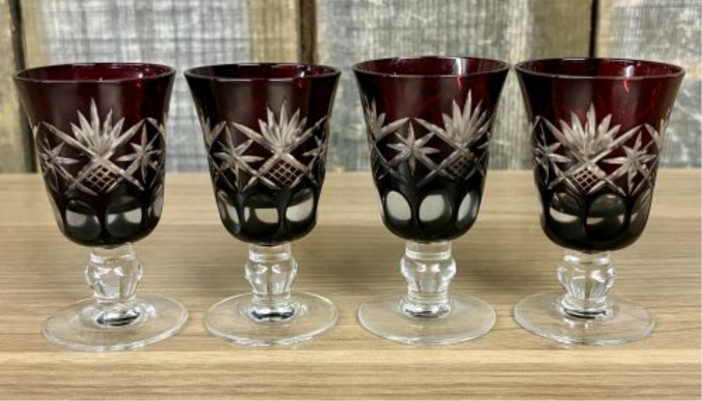 A Set of Four Bohemian Style Ruby Cut-to-Clear Crystal Cordial Glasses