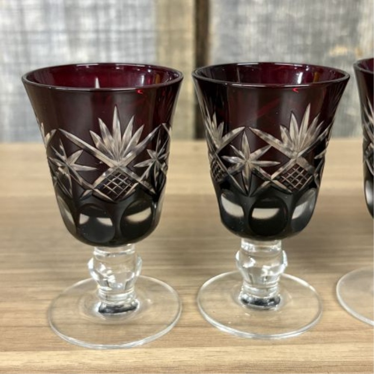 A Set of Four Bohemian Style Ruby Cut-to-Clear Crystal Cordial Glasses