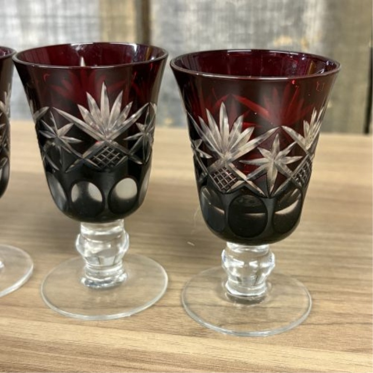 A Set of Four Bohemian Style Ruby Cut-to-Clear Crystal Cordial Glasses