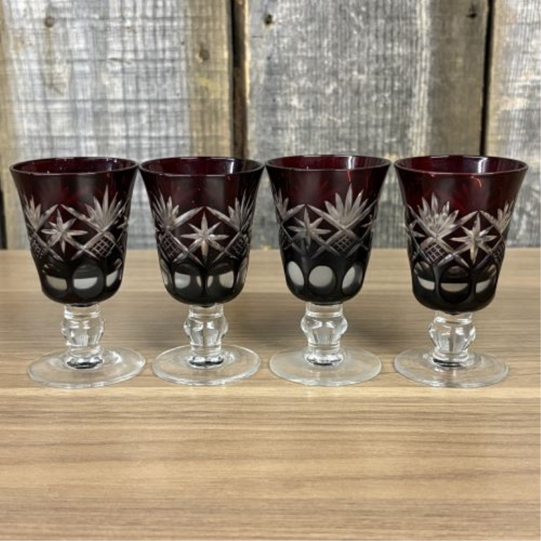 A Set of Four Bohemian Style Ruby Cut-to-Clear Crystal Cordial Glasses