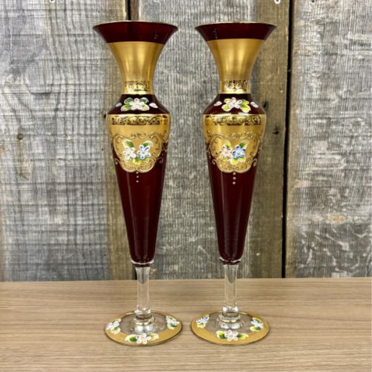 A Pair of Murano Style Ruby Red Glass Vases with Hand-Painted Enamel and Gold Gilding