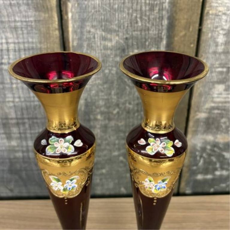 A Pair of Murano Style Ruby Red Glass Vases with Hand-Painted Enamel and Gold Gilding