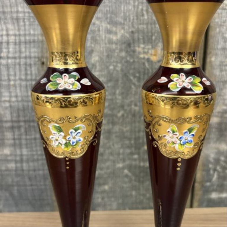 A Pair of Murano Style Ruby Red Glass Vases with Hand-Painted Enamel and Gold Gilding