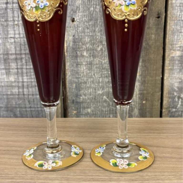 A Pair of Murano Style Ruby Red Glass Vases with Hand-Painted Enamel and Gold Gilding