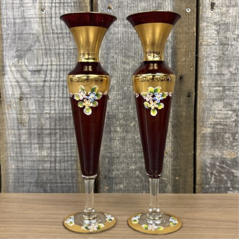 A Pair of Murano Style Ruby Red Glass Vases with Hand-Painted Enamel and Gold Gilding