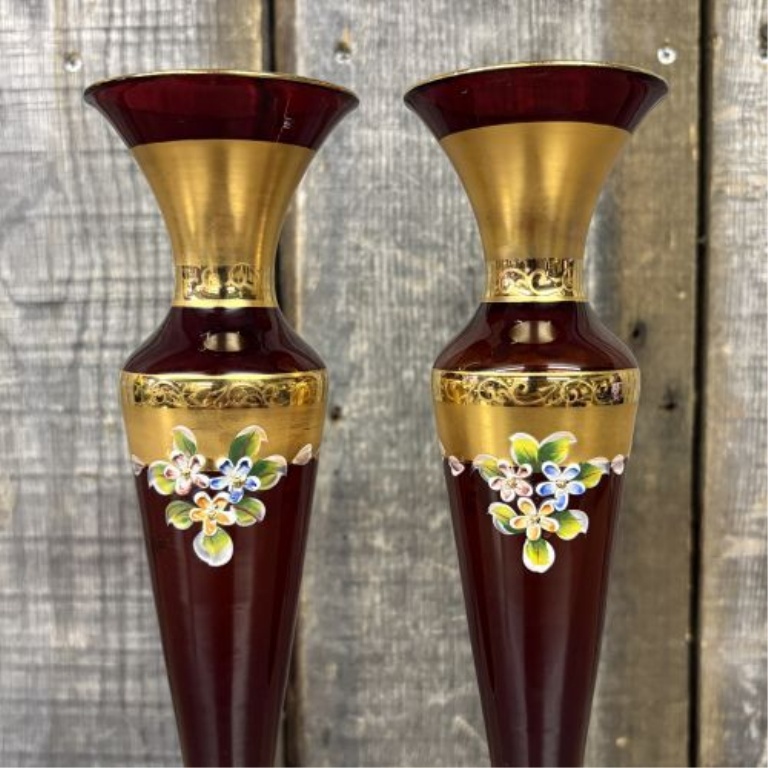 A Pair of Murano Style Ruby Red Glass Vases with Hand-Painted Enamel and Gold Gilding