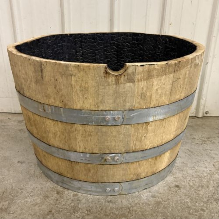 Reclaimed Oak Wood Half-Barrel Planter with Galvanized Hoops
