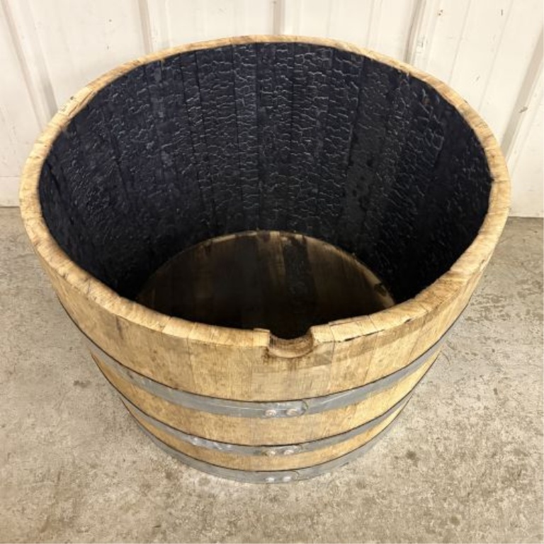 Reclaimed Oak Wood Half-Barrel Planter with Galvanized Hoops