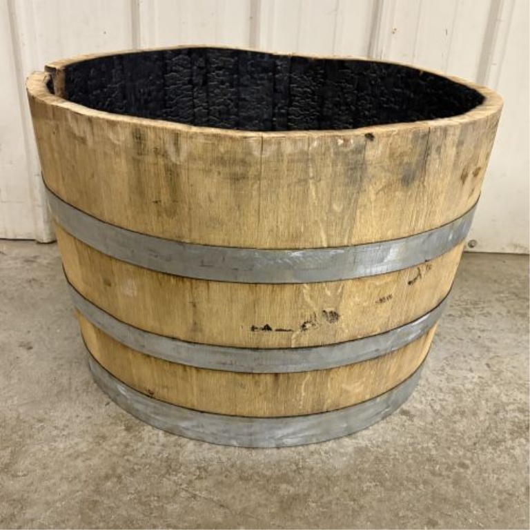 Reclaimed Oak Wood Half-Barrel Planter with Galvanized Hoops