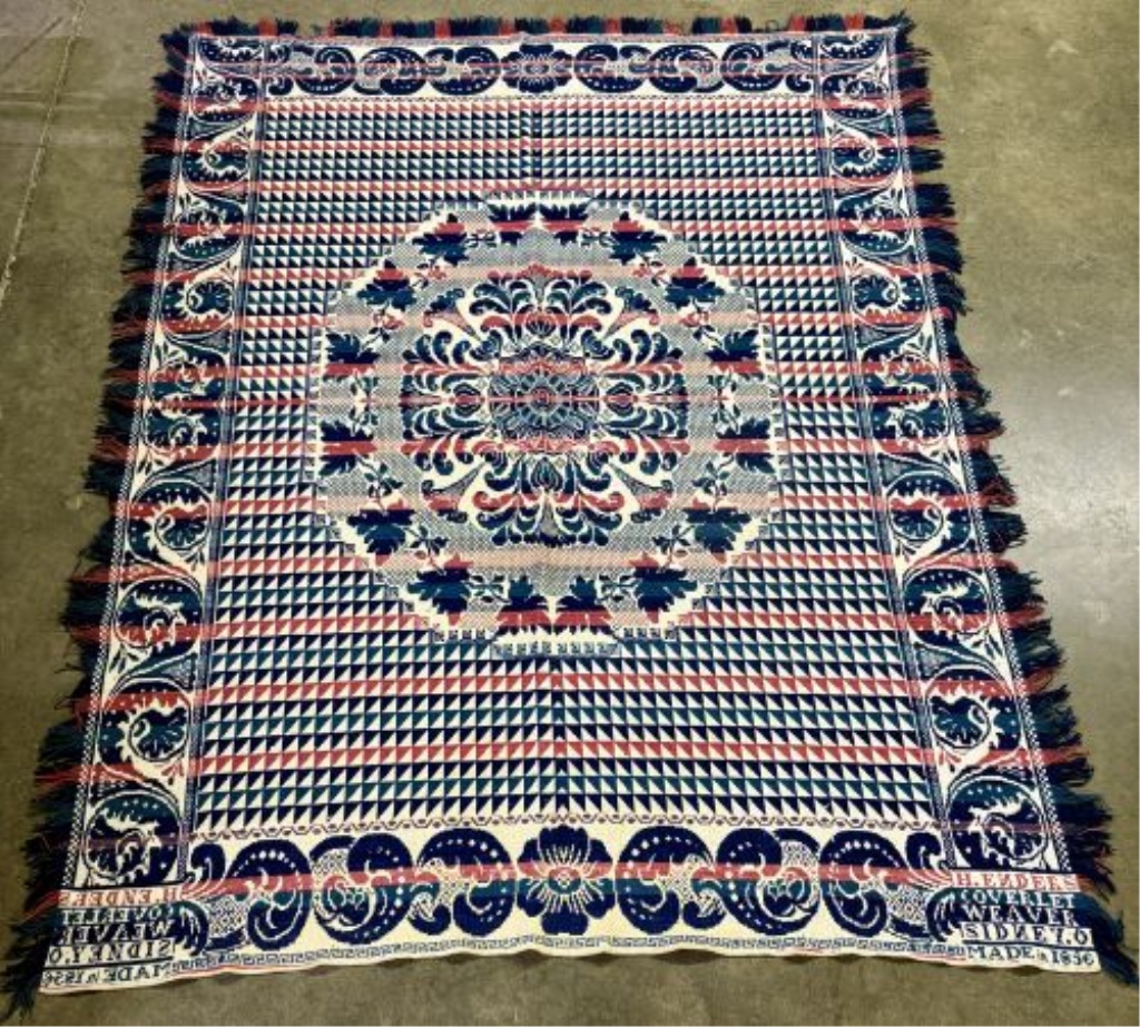 Signed Henry Enders 1856 Jacquard Woven Wool and Cotton Coverlet, Sidney, Ohio