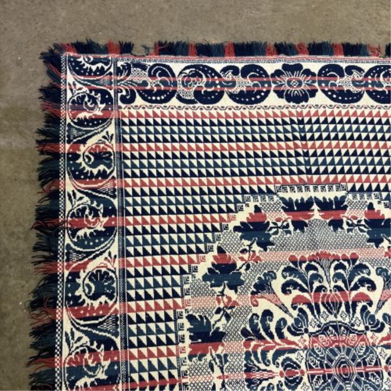 Signed Henry Enders 1856 Jacquard Woven Wool and Cotton Coverlet, Sidney, Ohio